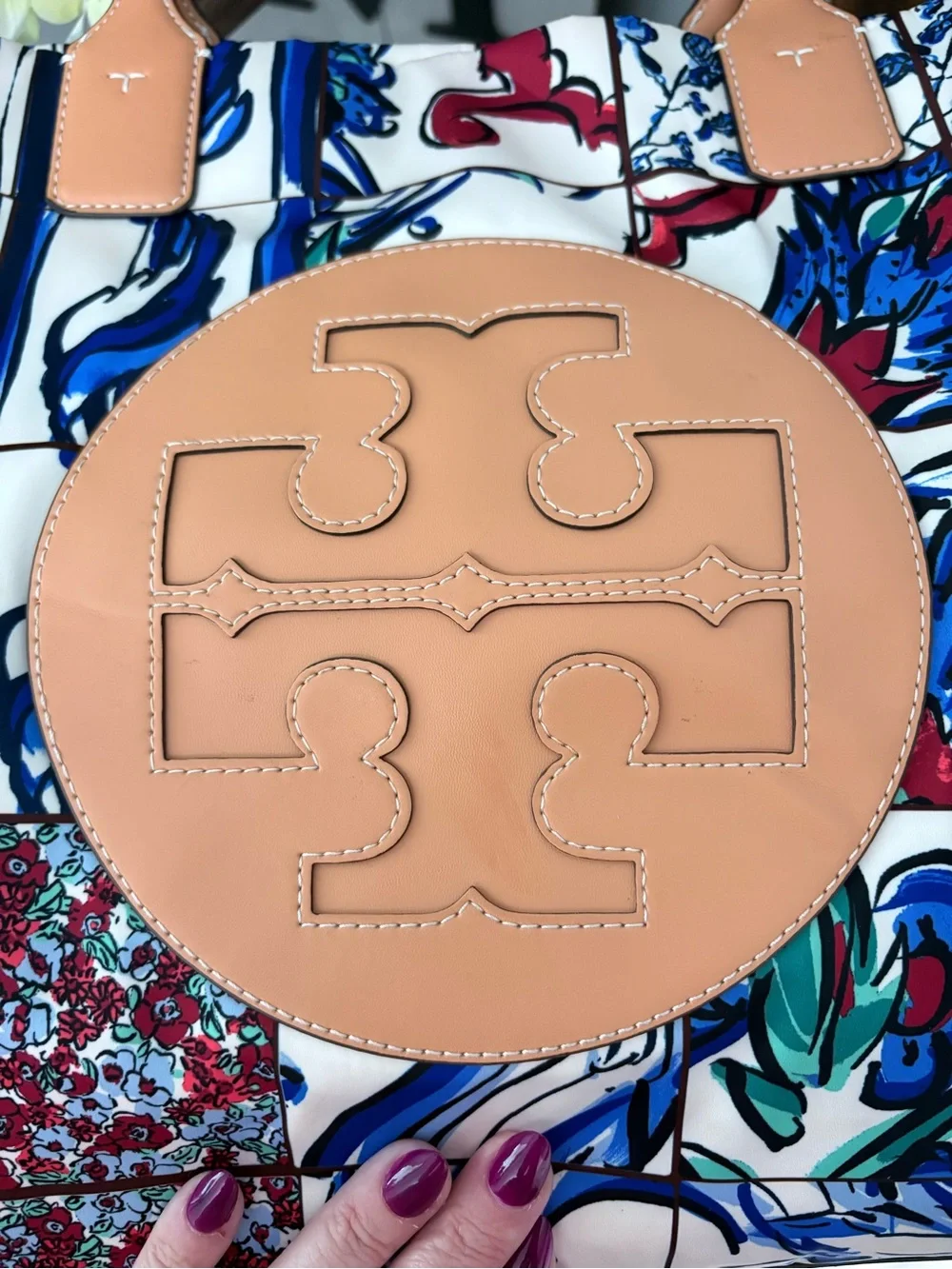 TORY BURCH Retired Blue Floral Patchwork Ella Tote with Tan Leather Details